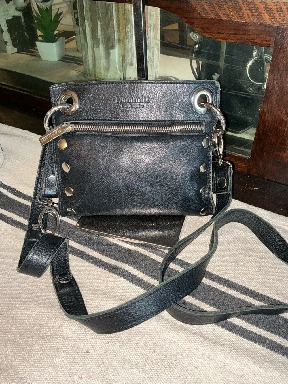 Hammitt Leather Tony Small Crossbody Shoulder Bag Black Silver Retail $325